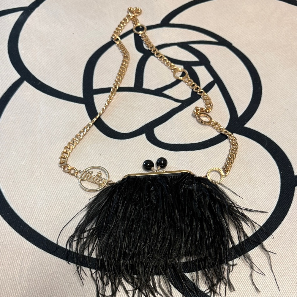 Chic Black Feathered Clutch with Gold Chain